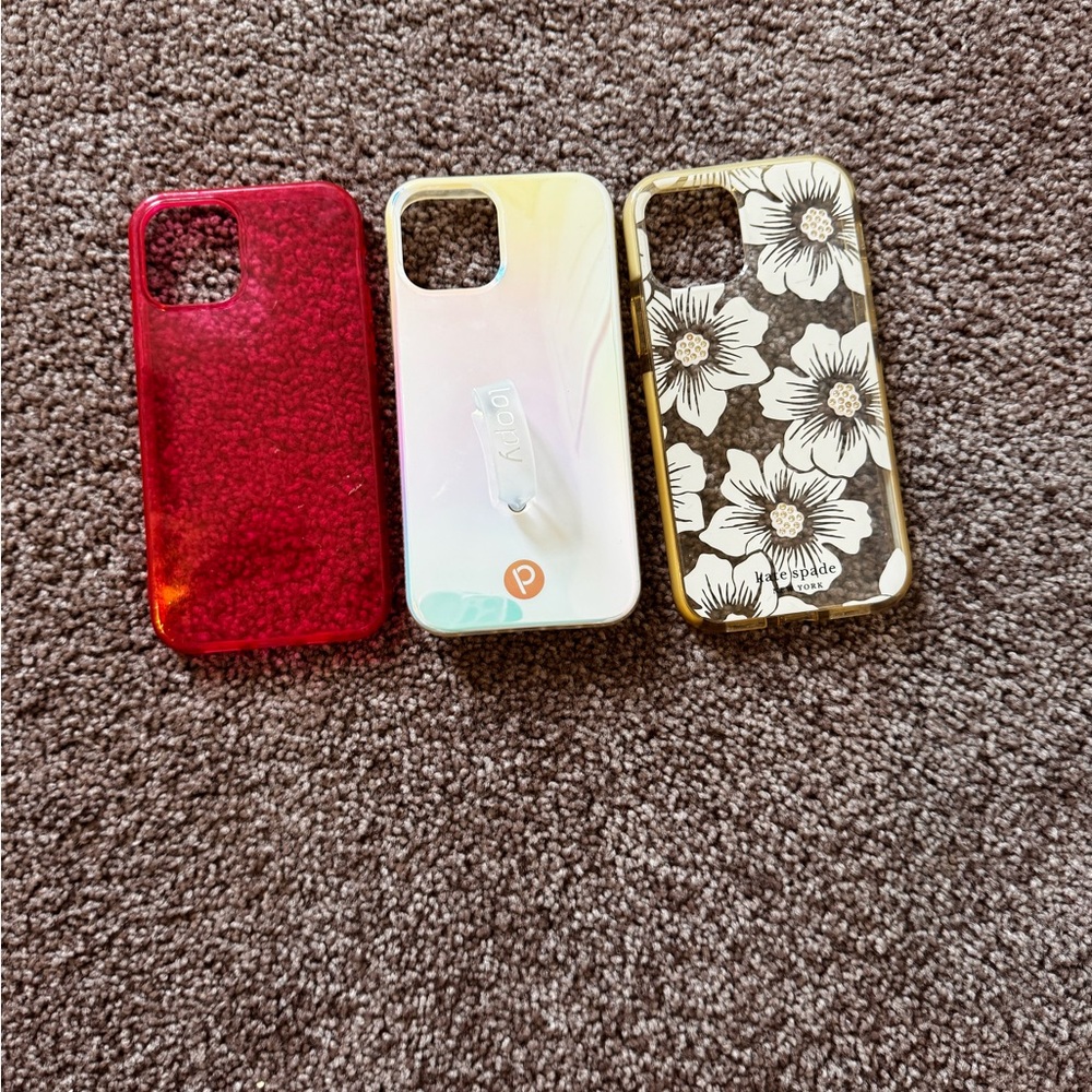 Lot of 3 I phone 12 Stylish Phone Case Set - Red, White, clear with white flower